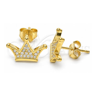 Sterling Silver Stud Earring, Crown Design, with White Micro Pave, Polished, Golden Finish, 02.336.0110.2