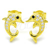 Sterling Silver Stud Earring, Dolphin Design, with Black and White Cubic Zirconia, Polished, Golden Finish, 02.336.0082.2