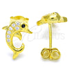 Sterling Silver Stud Earring, Dolphin Design, with Black and White Cubic Zirconia, Polished, Golden Finish, 02.336.0082.2