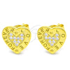 Sterling Silver Stud Earring, Heart and Love Design, with White Micro Pave, Polished, Golden Finish, 02.336.0111.2