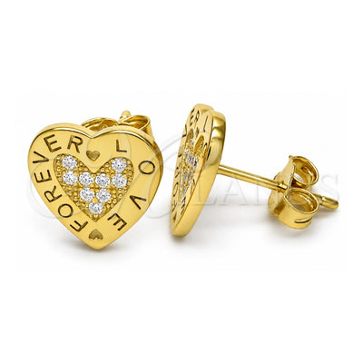 Sterling Silver Stud Earring, Heart and Love Design, with White Micro Pave, Polished, Golden Finish, 02.336.0111.2