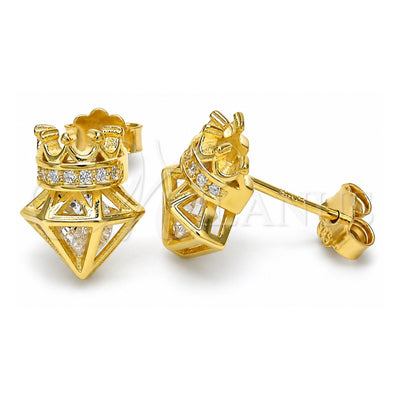 Sterling Silver Stud Earring, Crown Design, with White Cubic Zirconia, Polished, Golden Finish, 02.336.0117.2