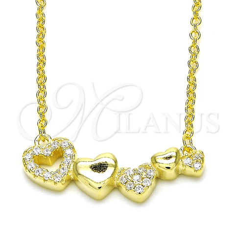 Sterling Silver Pendant Necklace, Heart Design, with White Cubic Zirconia, Polished, Golden Finish, 04.336.0053.2.16 (02 MM Thickness, 16 Inches Length)