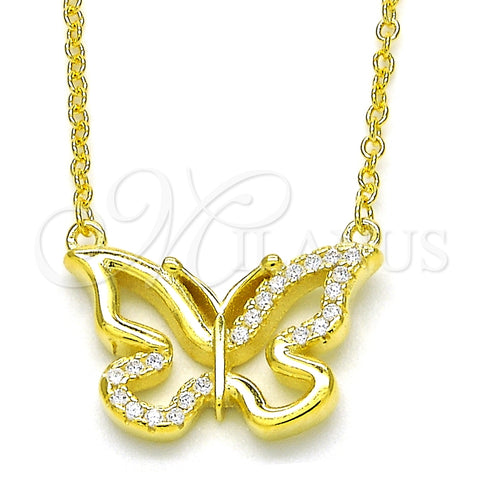 Sterling Silver Pendant Necklace, Butterfly Design, with White Cubic Zirconia, Polished, Golden Finish, 04.336.0046.2.16 (01 MM Thickness, 16 Inches Length)