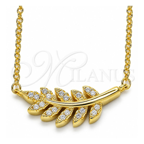 Sterling Silver Pendant Necklace, Leaf Design, with White Cubic Zirconia, Polished, Golden Finish, 04.336.0088.2.16 (02 MM Thickness, 16 Inches Length)