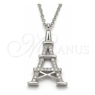 Sterling Silver Pendant Necklace, Eiffel Tower Design, with White Cubic Zirconia, Polished, Rhodium Finish, 04.336.0093.16 (01 MM Thickness, 16 Inches Length)