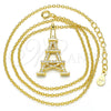 Sterling Silver Pendant Necklace, Eiffel Tower Design, with White Cubic Zirconia, Polished, Golden Finish, 04.336.0093.2.16 (01 MM Thickness, 16 Inches Length)