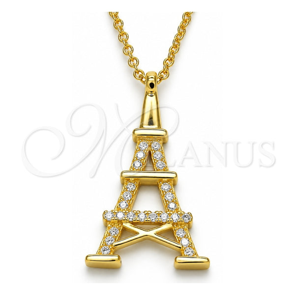 Sterling Silver Pendant Necklace, Eiffel Tower Design, with White Cubic Zirconia, Polished, Golden Finish, 04.336.0093.2.16 (01 MM Thickness, 16 Inches Length)