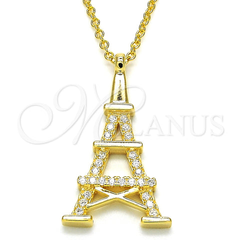 Sterling Silver Pendant Necklace, Eiffel Tower Design, with White Cubic Zirconia, Polished, Golden Finish, 04.336.0093.2.16 (01 MM Thickness, 16 Inches Length)