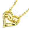 Sterling Silver Pendant Necklace, Heart and Mom Design, with White Cubic Zirconia, Polished, Golden Finish, 04.336.0096.2.16 (02 MM Thickness, 16 Inches Length)