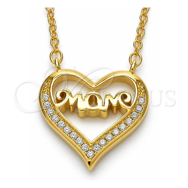 Sterling Silver Pendant Necklace, Heart and Mom Design, with White Cubic Zirconia, Polished, Golden Finish, 04.336.0096.2.16 (02 MM Thickness, 16 Inches Length)