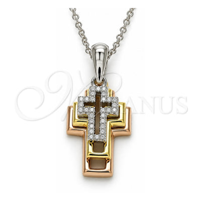 Sterling Silver Pendant Necklace, Cross Design, with White Cubic Zirconia, Polished, Tricolor, 04.336.0105.18 (01 MM Thickness, 18 Inches Length)
