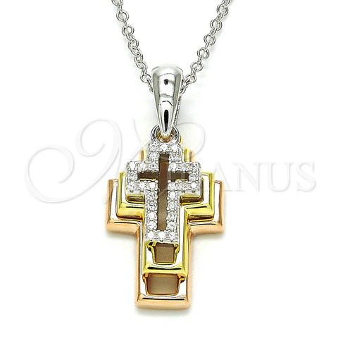 Sterling Silver Pendant Necklace, Cross Design, with White Cubic Zirconia, Polished, Tricolor, 04.336.0105.18 (01 MM Thickness, 18 Inches Length)
