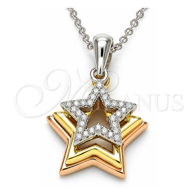 Sterling Silver Pendant Necklace, Star Design, with White Cubic Zirconia, Polished, Tricolor, 04.336.0109.16 (02 MM Thickness, 16 Inches Length)