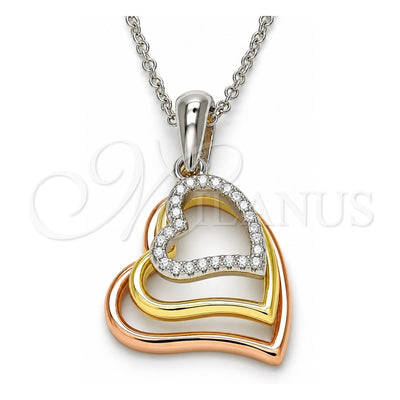 Sterling Silver Pendant Necklace, Heart Design, with White Cubic Zirconia, Polished, Tricolor, 04.336.0112.18 (01 MM Thickness, 18 Inches Length)