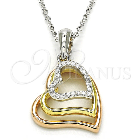 Sterling Silver Pendant Necklace, Heart Design, with White Cubic Zirconia, Polished, Tricolor, 04.336.0112.18 (01 MM Thickness, 18 Inches Length)
