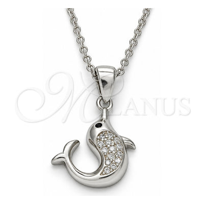 Sterling Silver Pendant Necklace, Dolphin Design, with White and Black Cubic Zirconia, Polished, Rhodium Finish, 04.336.0121.16 (02 MM Thickness, 16 Inches Length)