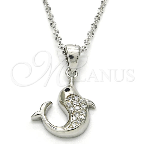 Sterling Silver Pendant Necklace, Dolphin Design, with White and Black Cubic Zirconia, Polished, Rhodium Finish, 04.336.0121.16 (02 MM Thickness, 16 Inches Length)