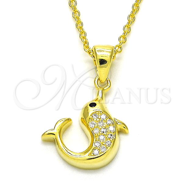 Sterling Silver Pendant Necklace, Dolphin Design, with White and Black Cubic Zirconia, Polished, Golden Finish, 04.336.0121.2.16 (02 MM Thickness, 16 Inches Length)