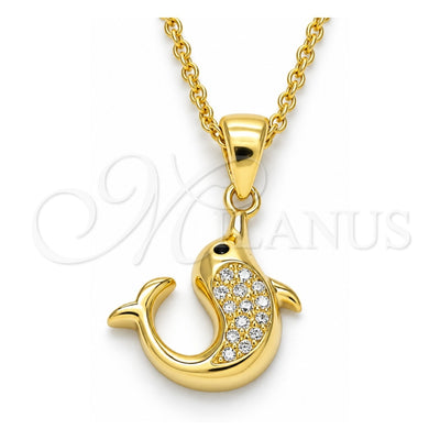 Sterling Silver Pendant Necklace, Dolphin Design, with White and Black Cubic Zirconia, Polished, Golden Finish, 04.336.0121.2.16 (02 MM Thickness, 16 Inches Length)