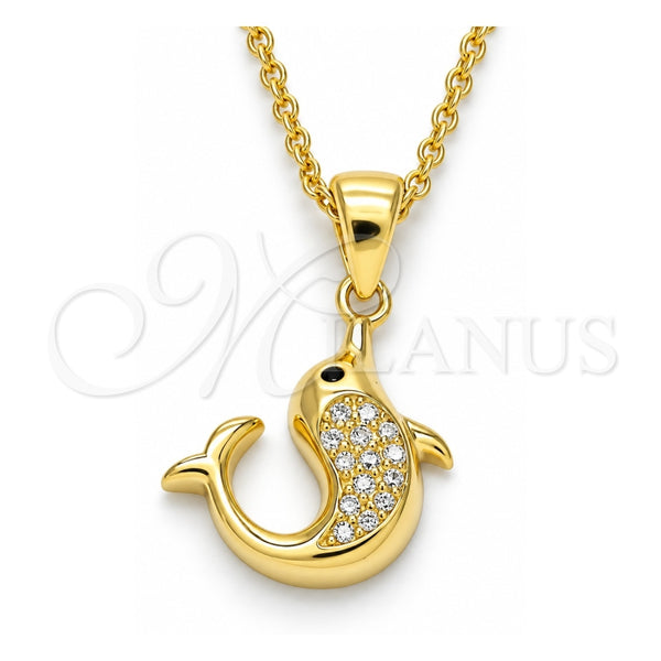 Sterling Silver Pendant Necklace, Dolphin Design, with White and Black Cubic Zirconia, Polished, Golden Finish, 04.336.0121.2.16 (02 MM Thickness, 16 Inches Length)