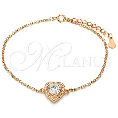 Sterling Silver Fancy Bracelet, Heart Design, with White Cubic Zirconia, Polished, Rose Gold Finish for wholesale, main product view