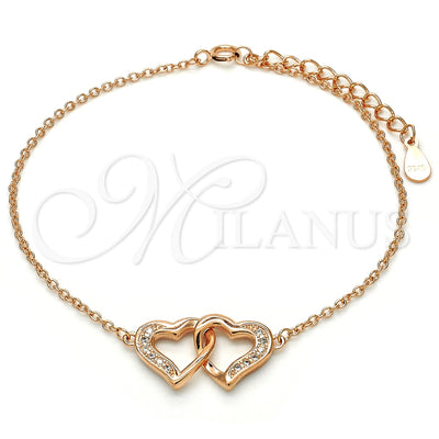 Sterling Silver Fancy Bracelet, Heart Design, with White Micro Pave, Polished, Rose Gold Finish for wholesale, main product view