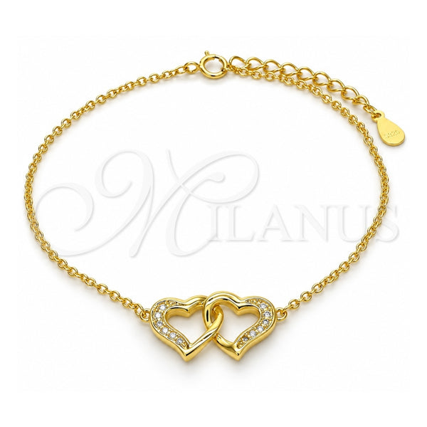 Sterling Silver Fancy Bracelet, Heart Design, with White Micro Pave, Polished, Golden Finish, 03.336.0025.2.07 (01 MM Thickness, 7 Inches Length)