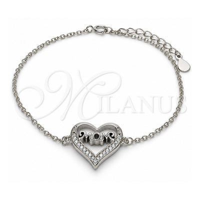 Sterling Silver Fancy Bracelet, Mom and Heart Design, with White Cubic Zirconia, Polished, Rhodium Finish, 03.336.0038.07 (01 MM Thickness, 7 Inches Length)
