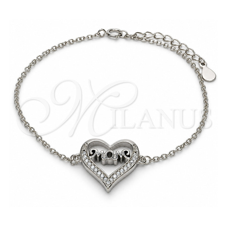 Sterling Silver Fancy Bracelet, Mom and Heart Design, with White Cubic Zirconia, Polished, Rhodium Finish, 03.336.0038.07 (01 MM Thickness, 7 Inches Length)