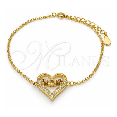 Sterling Silver Fancy Bracelet, Heart and Mom Design, with White Cubic Zirconia, Polished, Golden Finish, 03.336.0038.2.07 (01 MM Thickness, 7 Inches Length)
