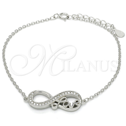 Sterling Silver Fancy Bracelet, Infinite and Love Design, with White Cubic Zirconia, Polished, Rhodium Finish, 03.336.0039.07 (01 MM Thickness, 7 Inches Length)