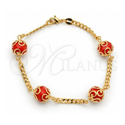 Oro Laminado Fancy Bracelet, Gold Filled Style Ball and Miami Cuban Design, with Garnet Crystal, Polished, Golden Finish, 03.32.0157.2 (04 MM Thickness, 7 Inches Length)