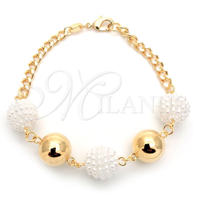 Oro Laminado Fancy Bracelet, Gold Filled Style Ball and Miami Cuban Design, with White Pearl, Polished, Golden for wholesale, main product view
