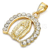 Oro Laminado Religious Pendant, Gold Filled Style Guadalupe Design, with White Crystal, Polished, Golden Finish, 05.253.0054
