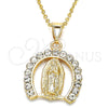 Oro Laminado Religious Pendant, Gold Filled Style Guadalupe Design, with White Crystal, Polished, Golden Finish, 05.253.0054