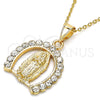 Oro Laminado Religious Pendant, Gold Filled Style Guadalupe Design, with White Crystal, Polished, Golden Finish, 05.253.0054