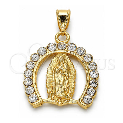 Oro Laminado Religious Pendant, Gold Filled Style Guadalupe Design, with White Crystal, Polished, Golden Finish, 05.253.0054