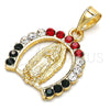 Oro Laminado Religious Pendant, Gold Filled Style Guadalupe Design, with Multicolor Crystal, Polished, Golden Finish, 05.253.0054.1