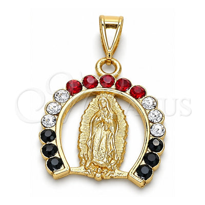 Oro Laminado Religious Pendant, Gold Filled Style Guadalupe Design, with Multicolor Crystal, Polished, Golden Finish, 05.253.0054.1