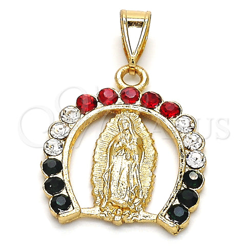 Oro Laminado Religious Pendant, Gold Filled Style Guadalupe Design, with Multicolor Crystal, Polished, Golden Finish, 05.253.0054.1
