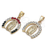 Oro Laminado Religious Pendant, Gold Filled Style Guadalupe Design, with Multicolor Crystal, Polished, Golden Finish, 05.253.0054.1