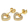 Oro Laminado Stud Earring, Gold Filled Style Heart Design, with White Micro Pave, Polished, Golden Finish, 02.213.0134