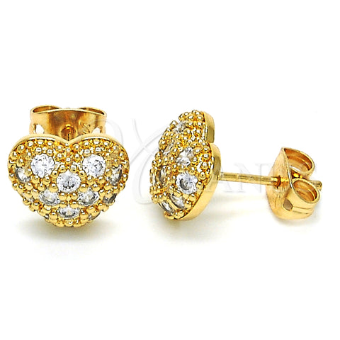 Oro Laminado Stud Earring, Gold Filled Style Heart Design, with White Cubic Zirconia, Polished, Golden Finish, 02.213.0138