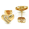 Oro Laminado Stud Earring, Gold Filled Style Heart Design, with White Micro Pave, Polished, Golden Finish, 02.213.0143