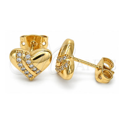 Oro Laminado Stud Earring, Gold Filled Style Heart Design, with White Micro Pave, Polished, Golden Finish, 02.213.0143