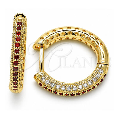 Oro Laminado Huggie Hoop, Gold Filled Style with Garnet and White Micro Pave, Polished, Golden Finish, 02.264.0006.3.20