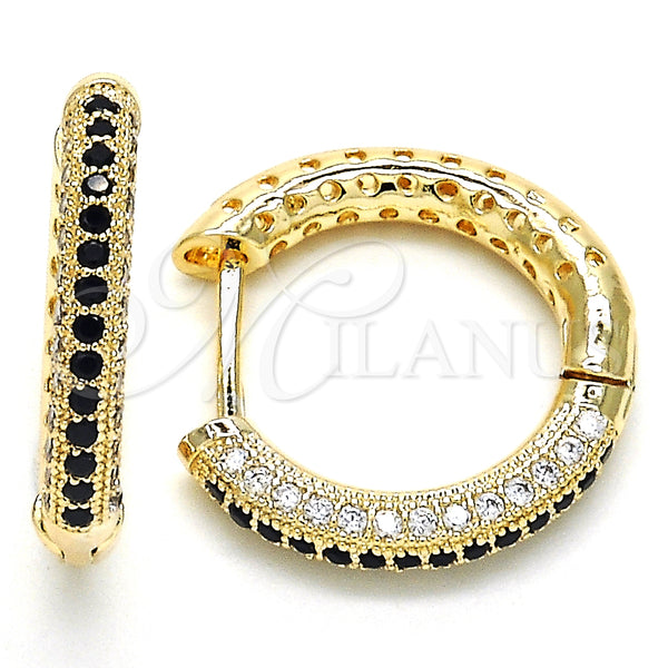 Gold Filled Hoop Earrings — Huggie Hoop with Black and White Micro Pave — main product view — SKU 126123 | Oro Laminado aretes de aro — Huggie Hoop with negro and blanco Micro Pave — SKU 126123