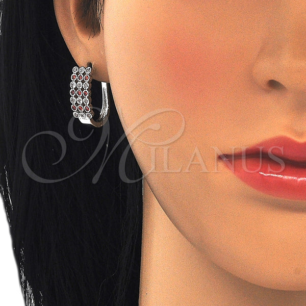 White Gold Filled Hoop Earrings — Huggie Hoop with Garnet and White Cubic Zirconia — alternate product view — SKU 126147 | Oro Laminado Blanco aretes de aro — Huggie Hoop with Garnet and blanco Cubic Zirconia — SKU 126147
