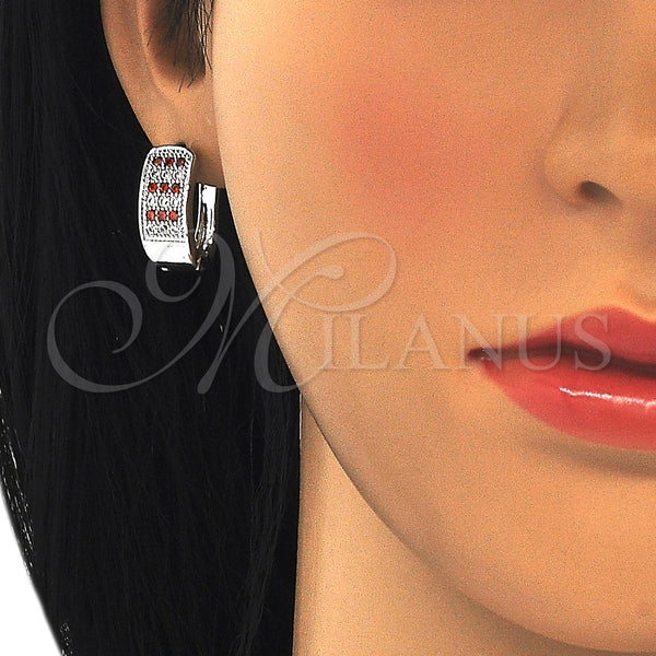White Gold Filled Hoop Earrings — Huggie Hoop with Garnet and White Cubic Zirconia — alternate product view — SKU 126149 | Oro Laminado Blanco aretes de aro — Huggie Hoop with Garnet and blanco Cubic Zirconia — SKU 126149